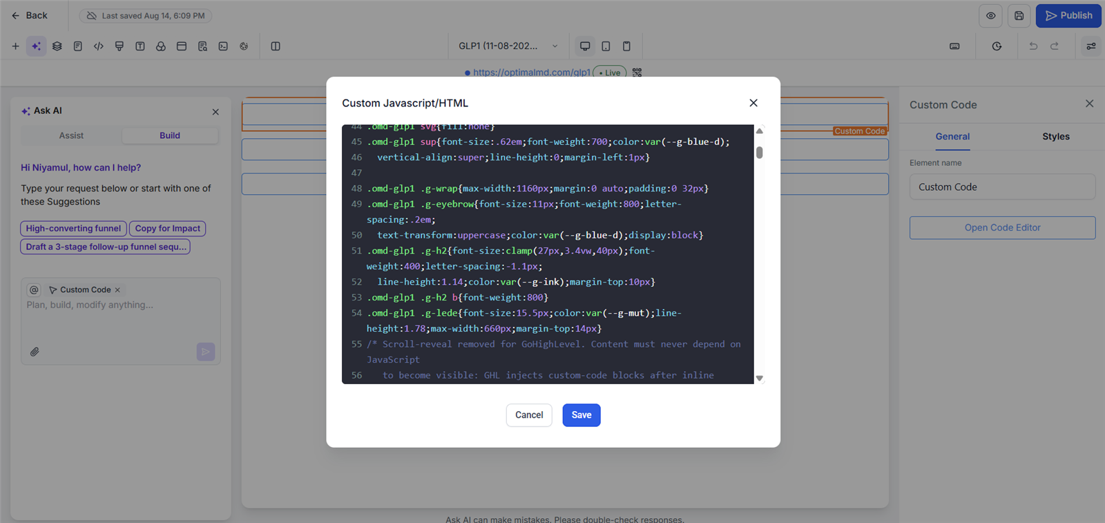 Custom code editor inside GHL's website builder