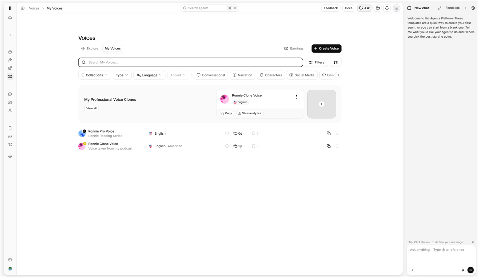 Custom cloned voice built in ElevenLabs