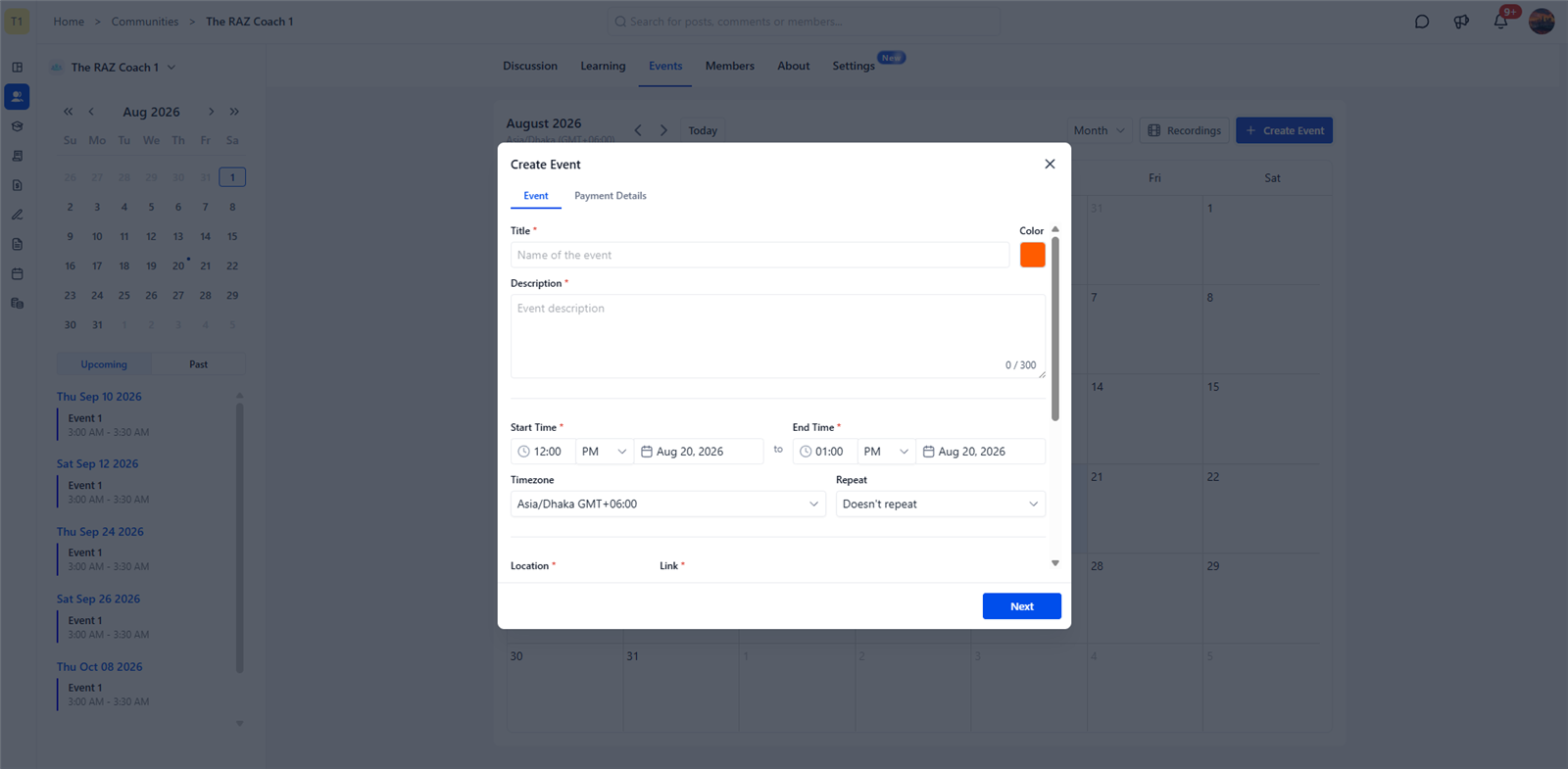 Event creation inside GHL membership portal