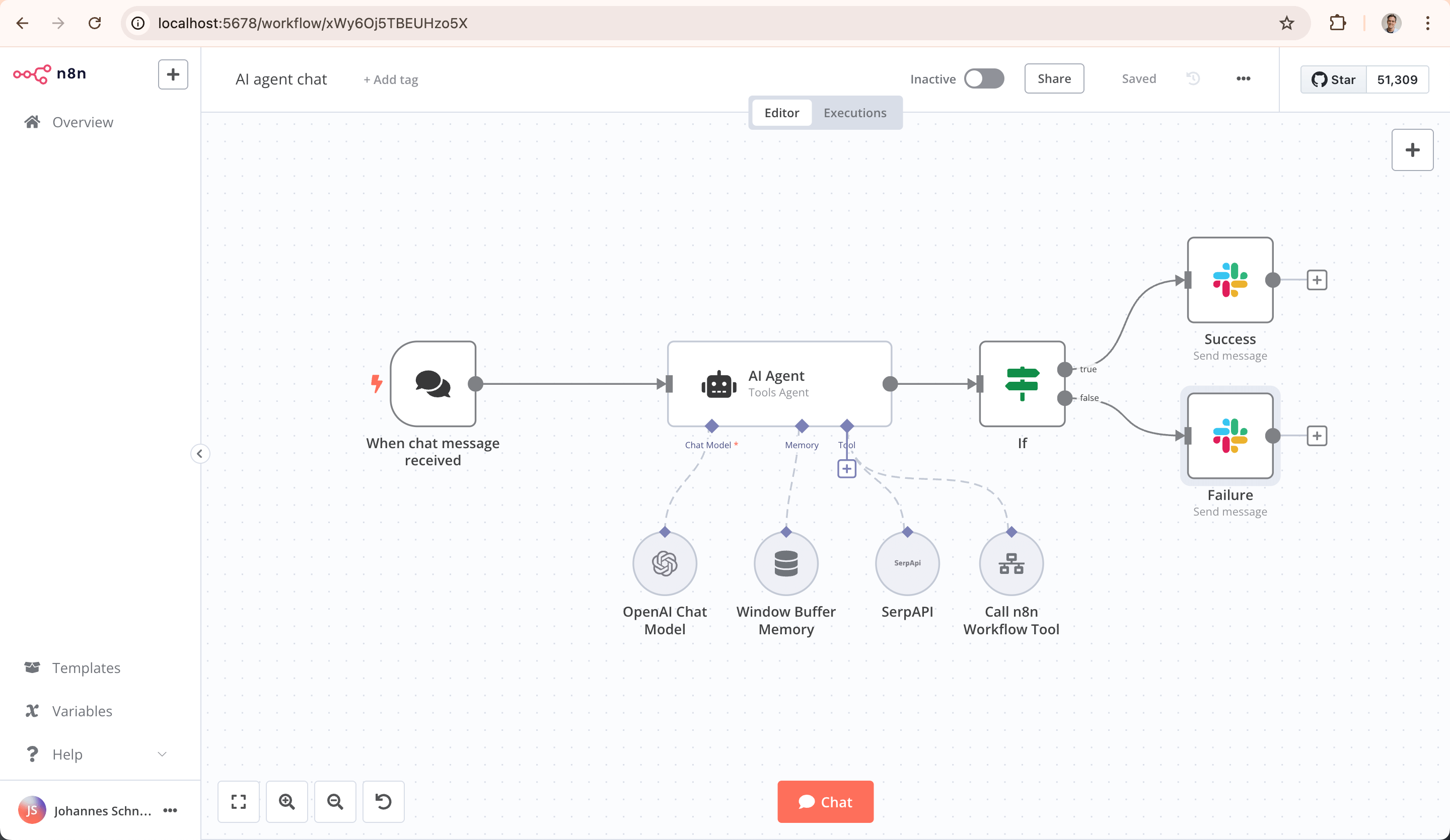 n8n AI agent chat workflow with tool calling and Slack alerts
