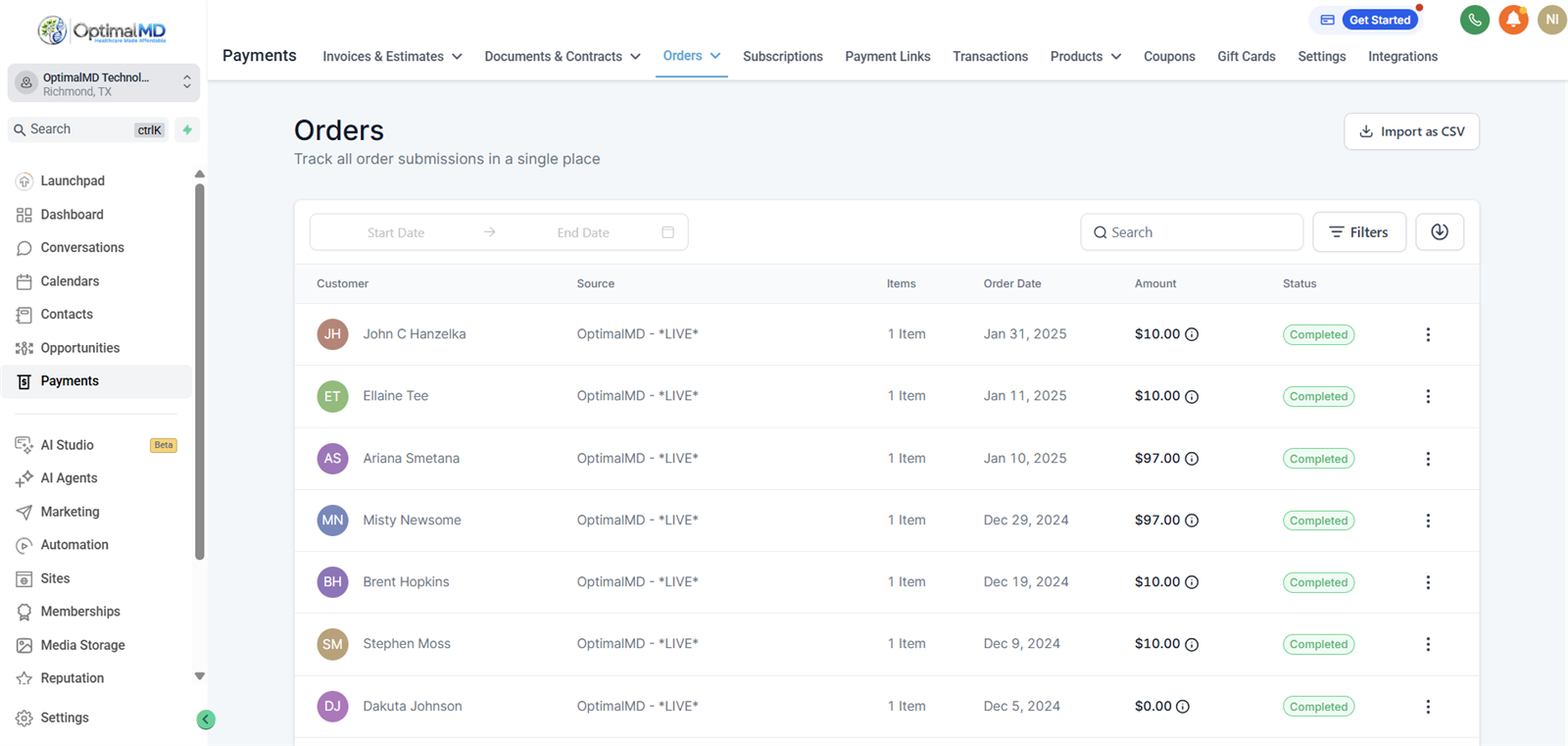 Payments and orders tracked inside GHL