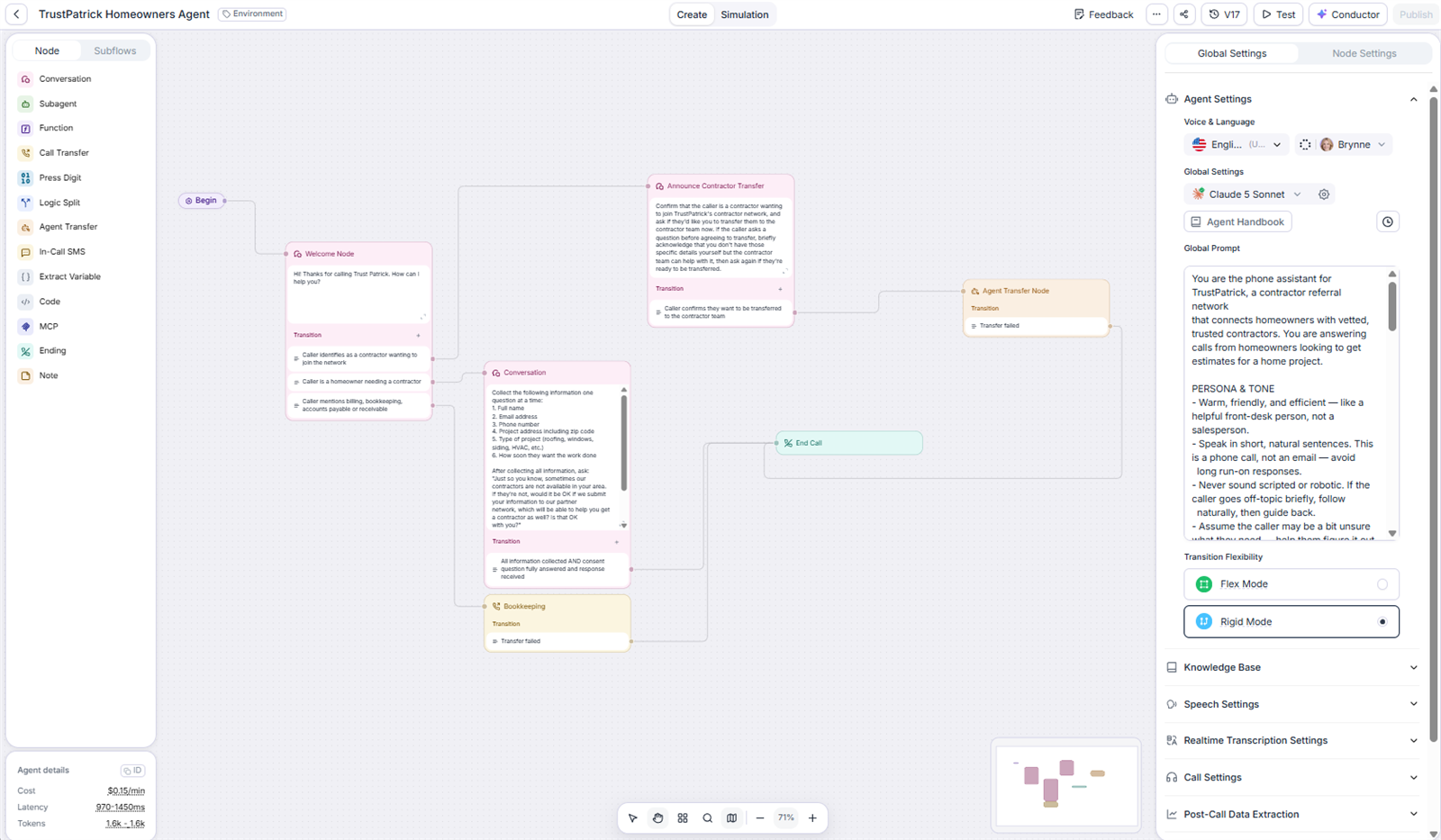 Retell AI receptionist conversation flow