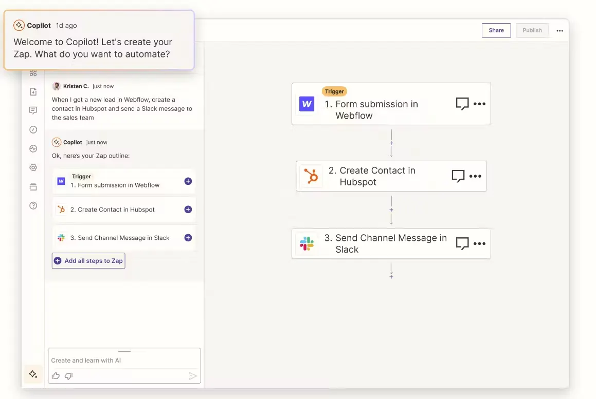 Building a Zap from a plain-English prompt with Zapier Copilot