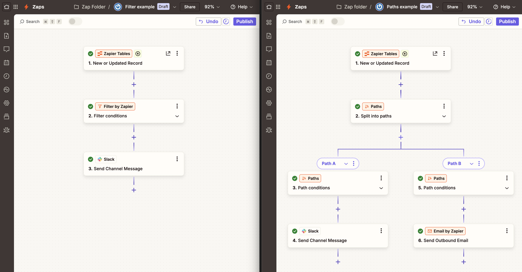 Zapier workflows using Filter by Zapier and Paths conditional logic