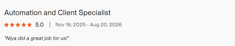 Upwork 5-star review, Automation and Client Specialist