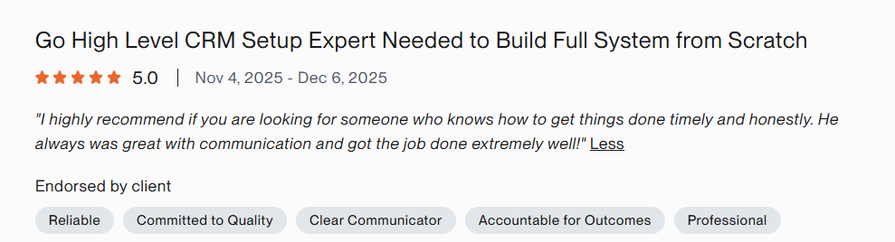 Upwork 5-star review, GHL CRM Setup Full System from Scratch