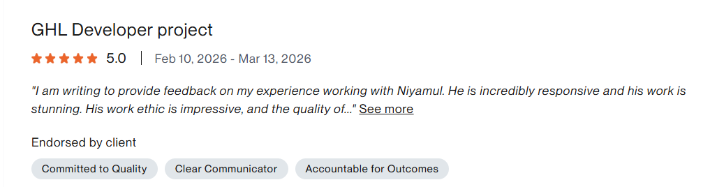 Upwork 5-star review, GHL Developer Project