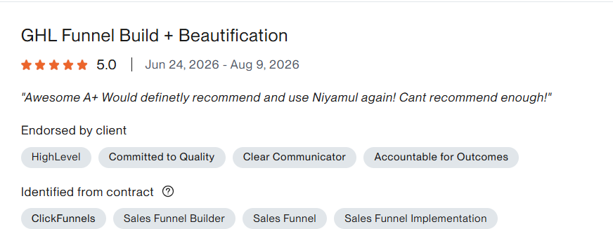 Upwork 5-star review, GHL Funnel Build and Beautification
