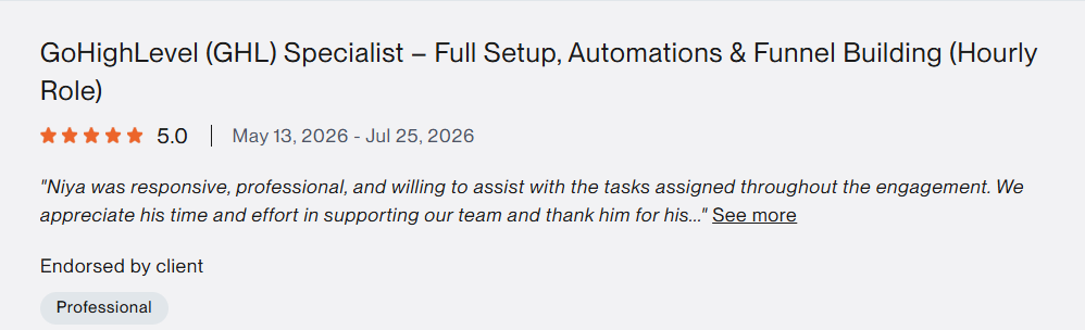 Upwork 5-star review, GoHighLevel Specialist Full Setup and Funnel Building
