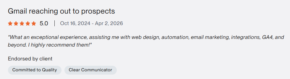 Upwork 5-star review, Gmail Outreach to Prospects