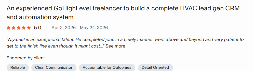 Upwork 5-star review, HVAC Lead Gen CRM and Automation Build