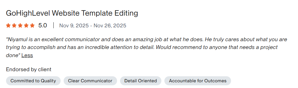 Upwork 5-star review, GoHighLevel Website Template Editing