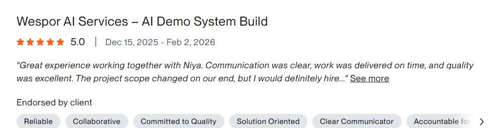 Upwork 5-star review, Wespor AI Services AI Demo System Build